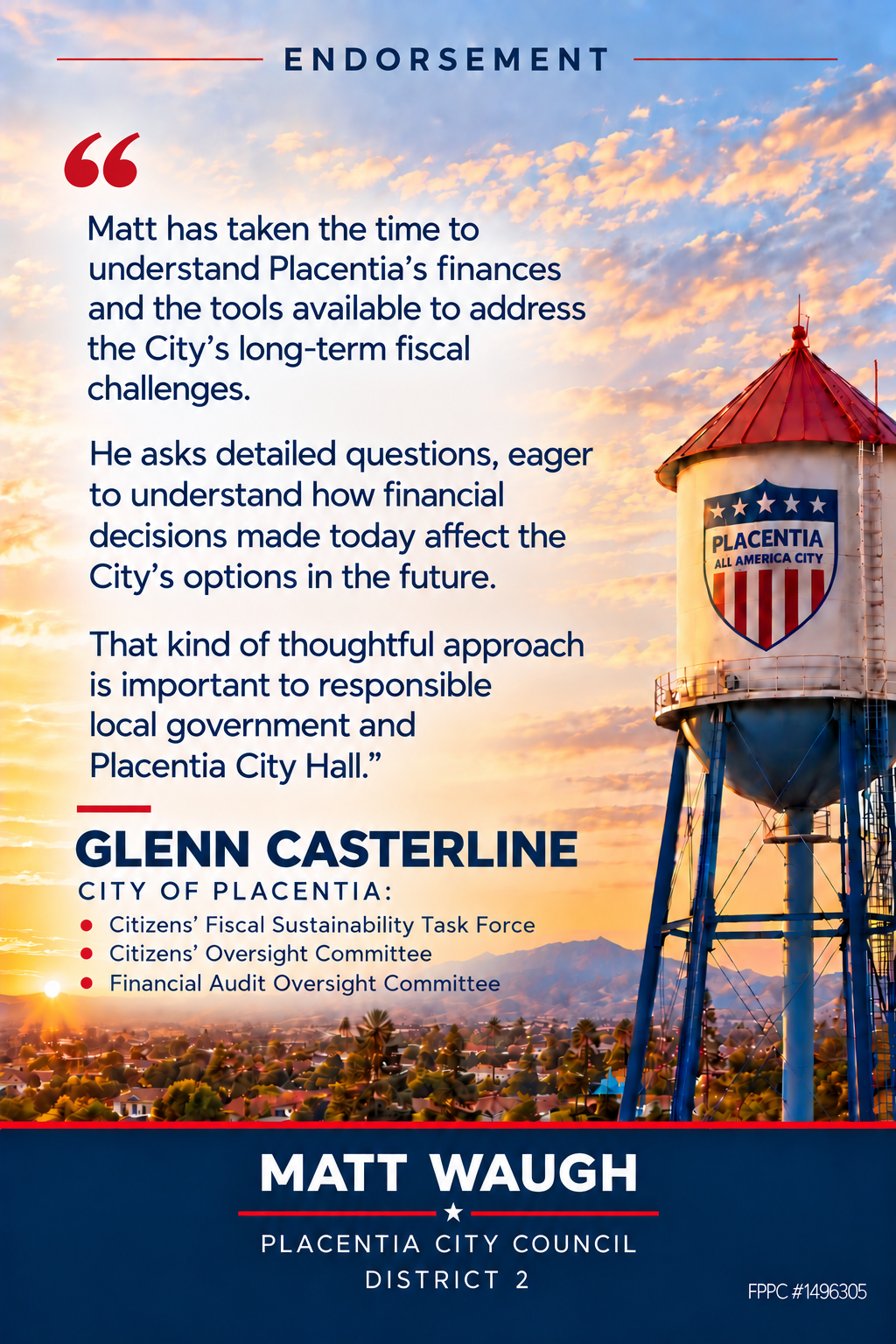 Glenn Casterline endorsement of Matt Waugh for Placentia City Council District 2