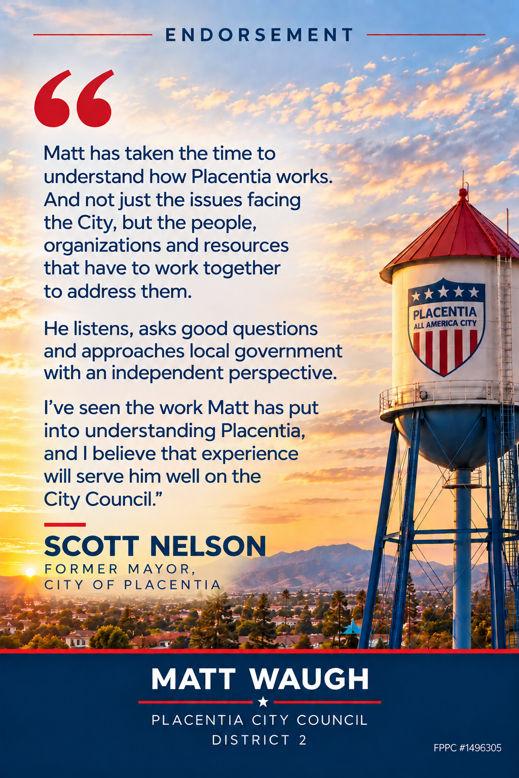 Scott Nelson endorsement of Matt Waugh for Placentia City Council District 2