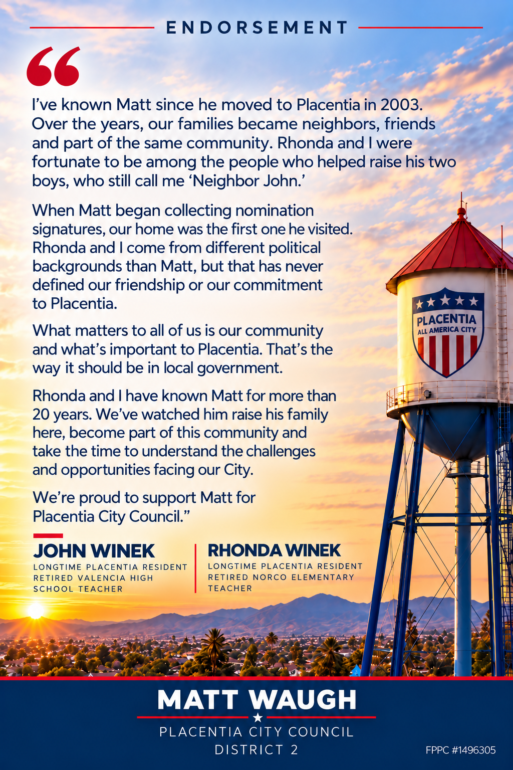 John and Rhonda Winek endorsement of Matt Waugh for Placentia City Council District 2