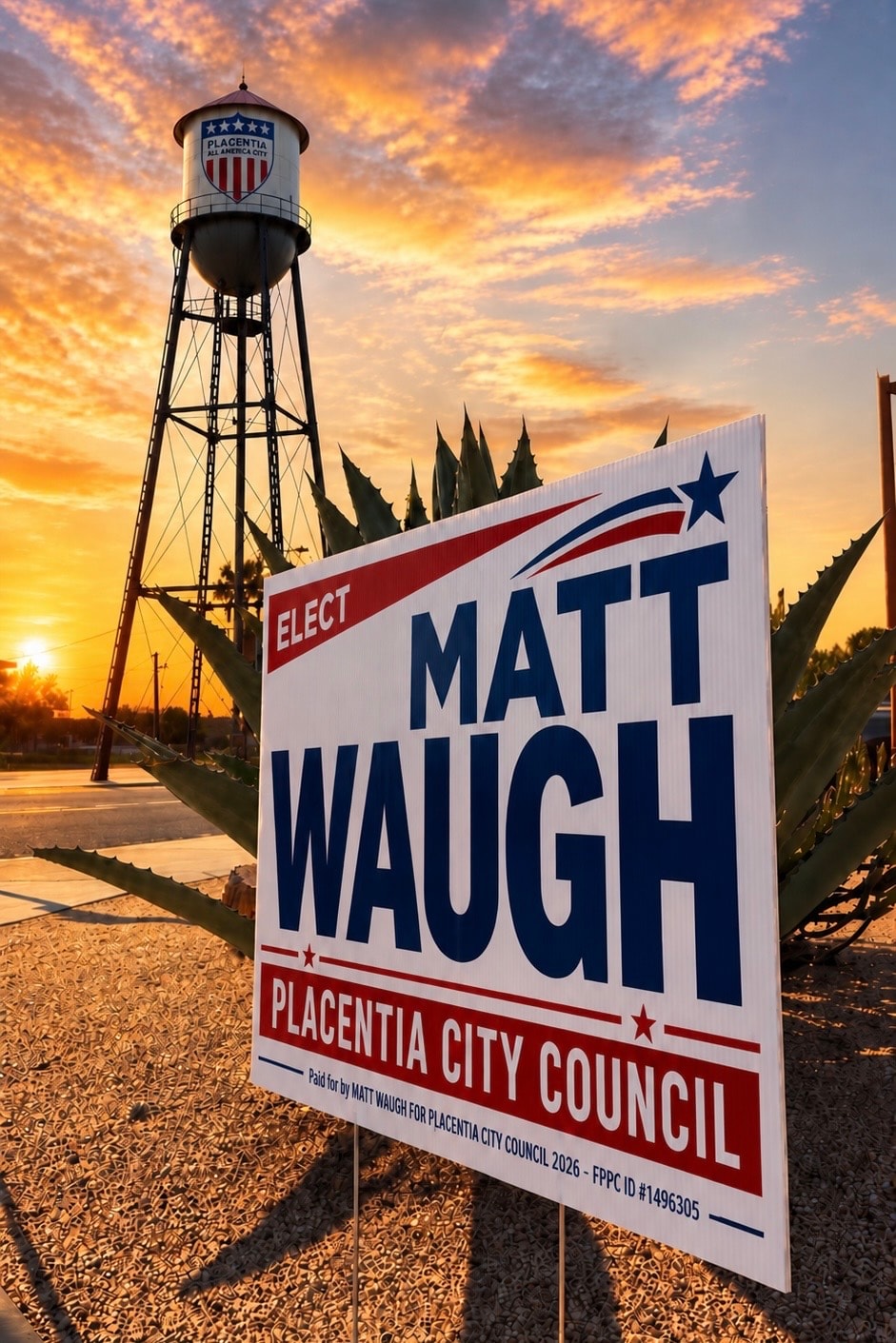 Elect Matt Waugh yard sign with Placentia water tower at sunset
